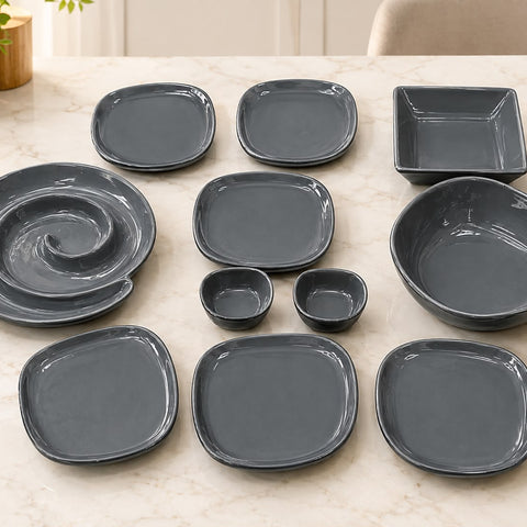 Addox Signature Nairobi Snacks Set 11 Pcs | Premium Porcelain Serving Platter Set with Spiral Plate, Square Bowl, 6 Plates & Serving Dishes