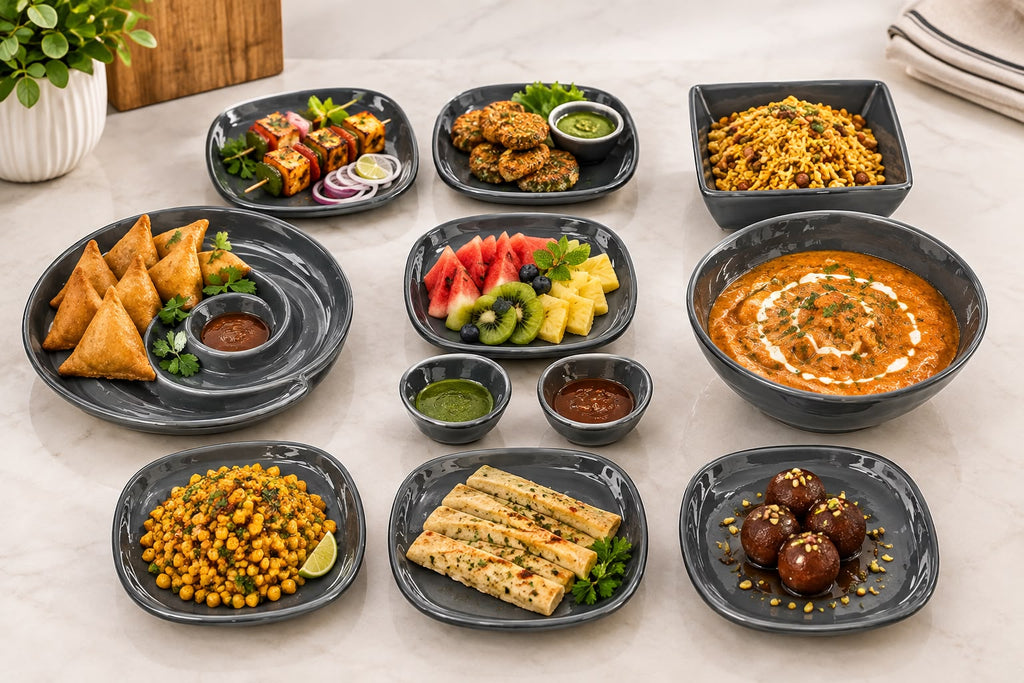 Addox Signature Nairobi Snacks Set 11 Pcs | Premium Porcelain Serving Platter Set with Spiral Plate, Square Bowl, 6 Plates & Serving Dishes