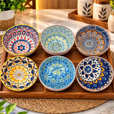 Ceramic Serving Bowl Set of 6 | Colourful Printed Snack & Dessert Bowls | Decorative Mandala Bowls for Dry Fruits, Snacks & Home Dining