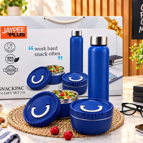 Jaypee Plus Snackpac Gift Set – 2 Blue Water Bottles & 2 Stainless Steel Food Containers, BPA-Free Lunch Box & Bottle Set for Office, School & Travel