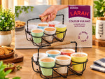 Borosil Larah Colour Kulhad Set of 6 – 200ml Ceramic Tea Cups with Metal Stand | Multicolour Kulhad Cups for Tea, Coffee & Beverages