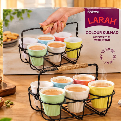 Borosil Larah Colour Kulhad Set of 6 – 200ml Ceramic Tea Cups with Metal Stand | Multicolour Kulhad Cups for Tea, Coffee & Beverages