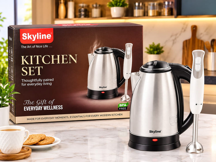 Skyline Kitchen Set – Electric Kettle & Hand Blender Combo | Stainless Steel Electric Kettle with BPA-Free Hand Blender for Modern Kitchen