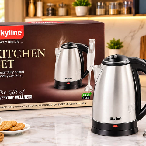 Skyline Kitchen Set – Electric Kettle & Hand Blender Combo | Stainless Steel Electric Kettle with BPA-Free Hand Blender for Modern Kitchen