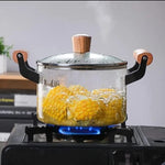 Glass Cooking Pot with Lid & Wooden Handles – Heat Resistant Borosilicate Glass Saucepan for Boiling, Cooking & Serving