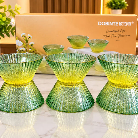 DobiNTE Set of 6 Glass Bowls – Premium Green & Yellow Ribbed Glass Serving Bowls for Snacks, Desserts, Dry Fruits & Sweets