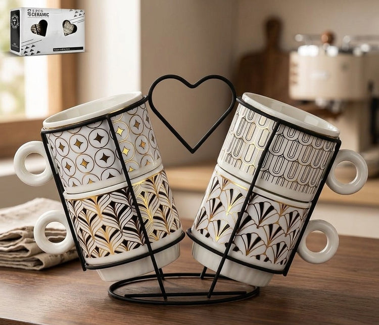 Ceramic Coffee Mug Set of 6 with Metal Stand – Premium Printed Tea & Coffee Cups with Holder for Home, Kitchen & Office