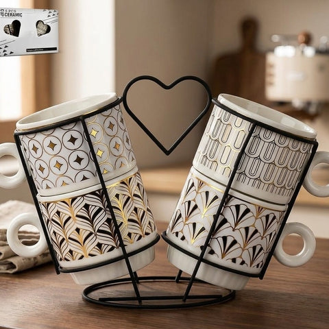 Ceramic Coffee Mug Set of 6 with Metal Stand – Premium Printed Tea & Coffee Cups with Holder for Home, Kitchen & Office