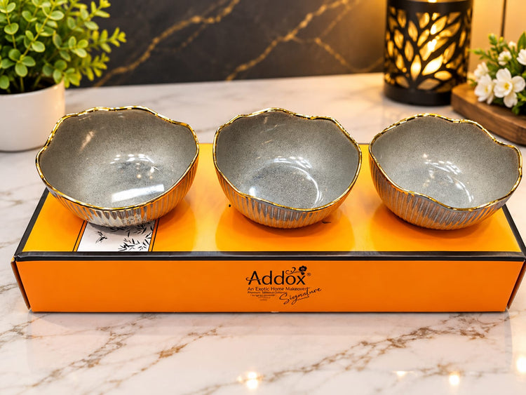 Addox 3-Piece Decorative Ceramic Serving Bowl Set | Gold Rim Designer Snack & Dessert Bowls for Dining & Home Décor