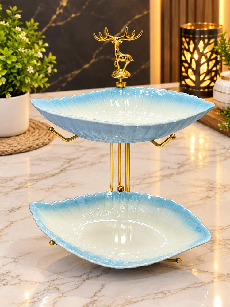 Luxury Blue Ceramic 2-Tier Serving Bowl Stand with Golden Deer Accent | Decorative Fruit, Snack & Dessert Serving Platter
