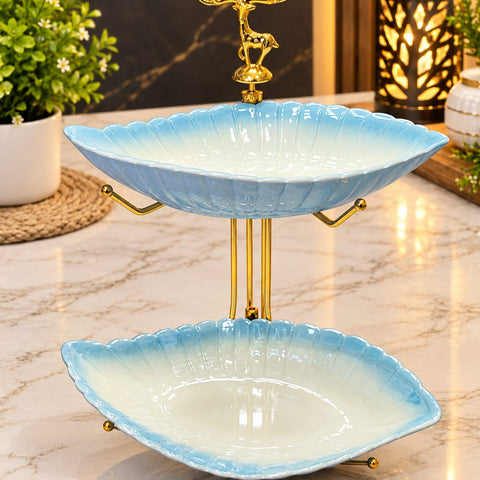 Luxury Blue Ceramic 2-Tier Serving Bowl Stand with Golden Deer Accent | Decorative Fruit, Snack & Dessert Serving Platter