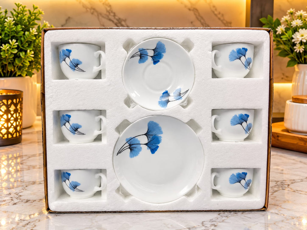 Blue Floral Ceramic Tea Cup & Saucer Set of 6 | Elegant Coffee Mug & Cup Set for Home, Office & Gifting