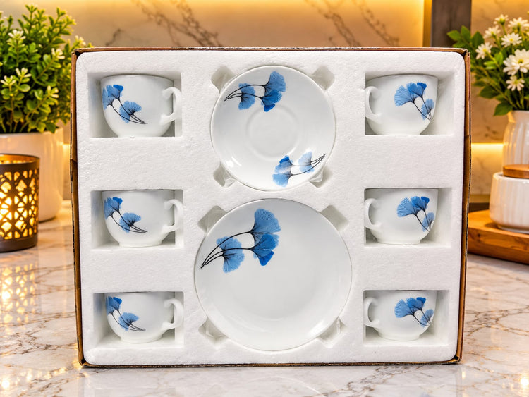 Blue Floral Ceramic Tea Cup & Saucer Set of 6 | Elegant Coffee Mug & Cup Set for Home, Office & Gifting