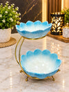 Luxury Blue Ceramic 2-Tier Serving Bowl Set with Golden Metal Stand | Elegant Fruit, Snack & Dessert Serving Platter for Home & Dining