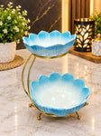 Luxury Blue Ceramic 2-Tier Serving Bowl Set with Golden Metal Stand | Elegant Fruit, Snack & Dessert Serving Platter for Home & Dining