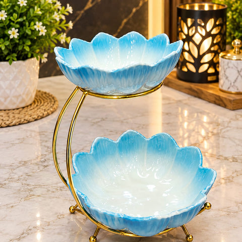 Luxury Blue Ceramic 2-Tier Serving Bowl Set with Golden Metal Stand | Elegant Fruit, Snack & Dessert Serving Platter for Home & Dining