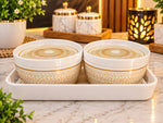Ceramic Serving Bowls with Lids and Tray Set – Luxury White & Gold Mandala Pattern Serving Bowl Set for Snacks, Soup, Dessert, Dining Table Decor & Housewarming Gifts (Set of 2 Bowls with Tray)