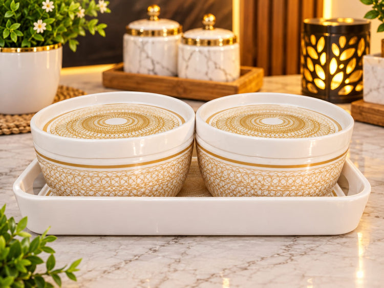 Ceramic Serving Bowls with Lids and Tray Set – Luxury White & Gold Mandala Pattern Serving Bowl Set for Snacks, Soup, Dessert, Dining Table Decor & Housewarming Gifts (Set of 2 Bowls with Tray)