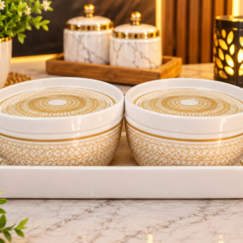 Ceramic Serving Bowls with Lids and Tray Set – Luxury White & Gold Mandala Pattern Serving Bowl Set for Snacks, Soup, Dessert, Dining Table Decor & Housewarming Gifts (Set of 2 Bowls with Tray)