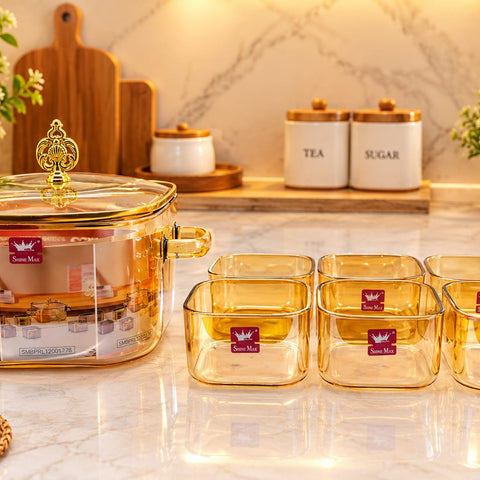Shine Max Amber Glass Casserole Pot with Lid and 6-Piece Square Glass Bowl Set – Luxury Heat-Resistant Cooking Pot & Serving Bowl Set, Transparent Brown Kitchen Serveware & Dining Table Decor