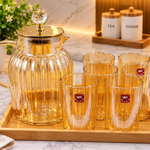Shine Max Amber Glass Water Jug Set with 6 Glasses & Wooden Serving Tray | Elegant Drinking Glass Set for Home, Dining & Gifting