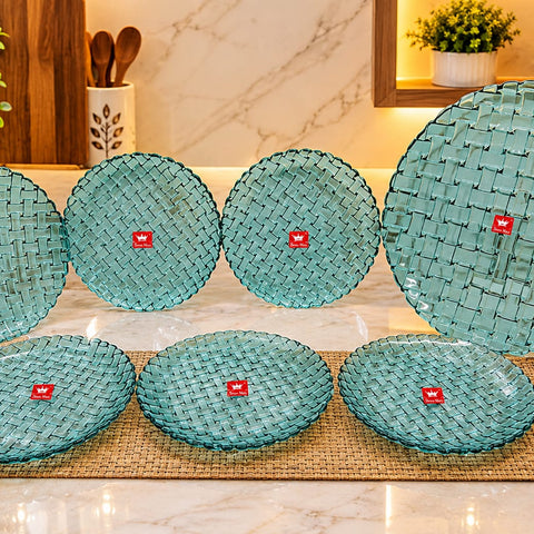Decorative Teal Green Glass Plates Set – Woven Basket Weave Pattern, Stylish Dinnerware & Serving Platters for Kitchen, Dining Table Decor, and Home Entertaining (Assorted Sizes)