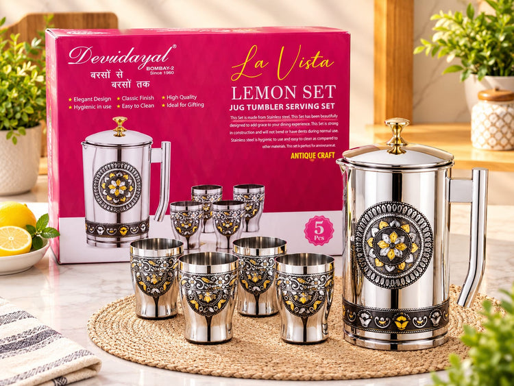 Devidayal La Vista Stainless Steel Lemon Set – 5 Piece Jug and Tumbler Serving Set with Antique Craft Floral Design, Water Jug with Glasses for Dining Table, Kitchen, and Home Gifting