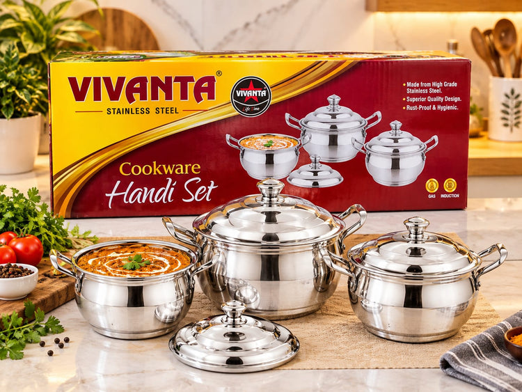 VIVANTA Stainless Steel Cookware Handi Set – Heavy Duty Multi-Size Cooking and Serving Pot Set with Lids, Rust-Proof Kitchen Cookware Compatible with Gas Stove and Induction
