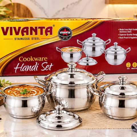 VIVANTA Stainless Steel Cookware Handi Set – Heavy Duty Multi-Size Cooking and Serving Pot Set with Lids, Rust-Proof Kitchen Cookware Compatible with Gas Stove and Induction