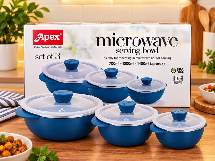 Apex Microwave Safe Serving Bowl Set of 3 (700ml, 1000ml, 1400ml) | Blue Plastic Reheating Bowls with Lids | BPA Free, Oven & Microwave Safe Casserole Bowls for Dining & Kitchen