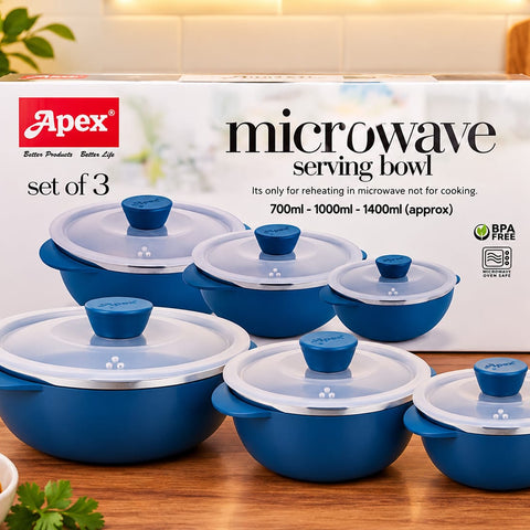 Apex Microwave Safe Serving Bowl Set of 3 (700ml, 1000ml, 1400ml) | Blue Plastic Reheating Bowls with Lids | BPA Free, Oven & Microwave Safe Casserole Bowls for Dining & Kitchen