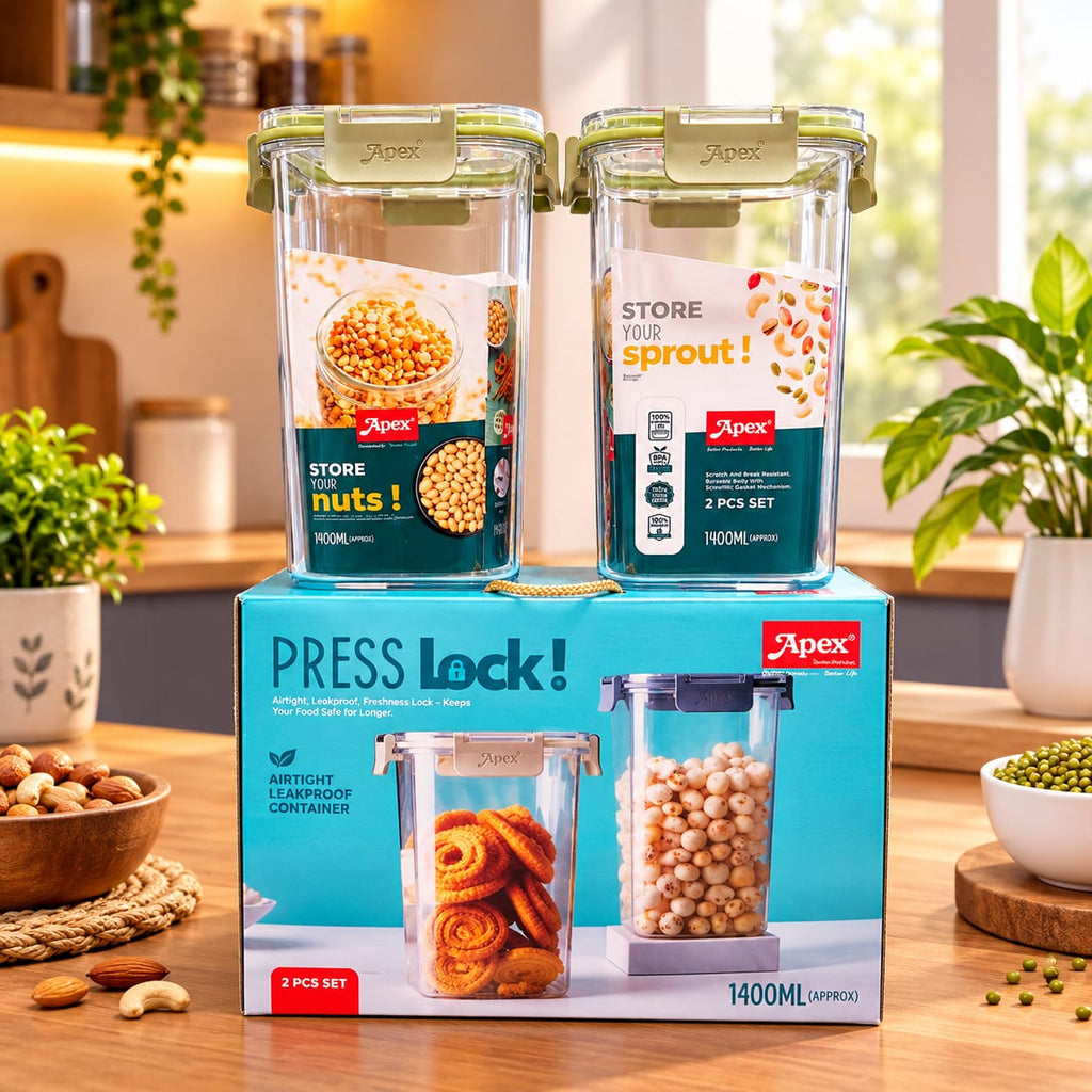 Apex 1400ml Airtight Storage Containers Set of 2 | Leakproof Kitchen Storage Jars with Press-Lock Lid for Dry Fruits, Nuts & Food Grains