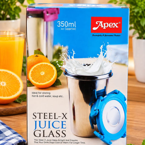 Apex Steel-X Juice Glass 350ml | Stainless Steel Airtight Juice & Storage Glass with Leakproof Lid | Hot & Cold Drink Storage Container  You’re out of attachments for now. Upgrade your plan for more, or try again tomorrow after 7:01 PM. Upgrade to Plus