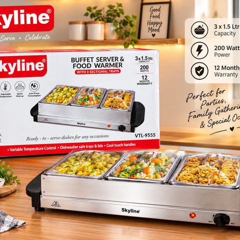 Skyline Buffet Server & Food Warmer 3 × 1.5L | 200W Electric Food Warmer with 3 Stainless Steel Trays | Adjustable Temperature Control | Buffet Warmer for Parties, Weddings & Family Gatherings