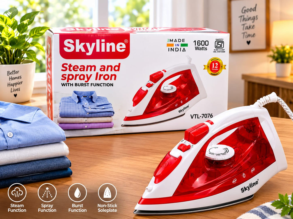 Skyline VTL-7076 Steam and Spray Iron – 1600 Watt Heavy-Duty Garment Iron with Burst Function, Non-Stick Soleplate, Steam Function, ISI Certified, and 1-Year Warranty for Clothes Pressing and Home Laundry