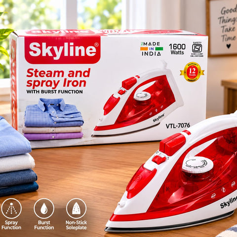 Skyline VTL-7076 Steam and Spray Iron – 1600 Watt Heavy-Duty Garment Iron with Burst Function, Non-Stick Soleplate, Steam Function, ISI Certified, and 1-Year Warranty for Clothes Pressing and Home Laundry
