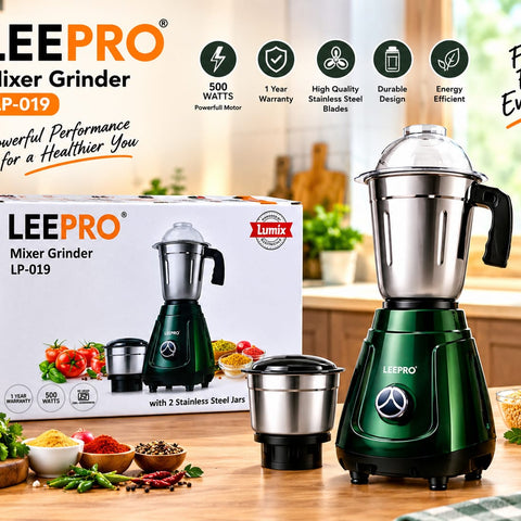 Leepro 500W Mixer Grinder (LP-019) with 2 Stainless Steel Jars – Heavy-Duty Food Processor and Blending Machine with 1-Year Warranty for Home Kitchen Use