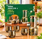 Veley 7-Piece Glass Water Jug and Tumbler Set – Smoke Amber Tinted Glass Pitcher with Lid and 6 Matching Drinking Glasses, Elegant Heat-Resistant Drinkware Combo for Water, Juice, Mocktails, Dining Table, and Gifting