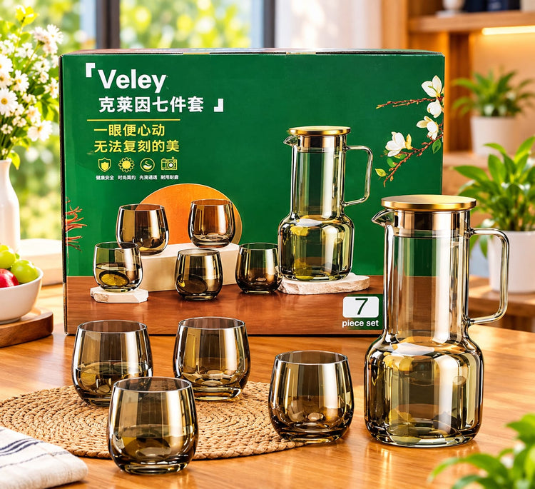 Veley 7-Piece Glass Water Jug and Tumbler Set – Smoke Amber Tinted Glass Pitcher with Lid and 6 Matching Drinking Glasses, Elegant Heat-Resistant Drinkware Combo for Water, Juice, Mocktails, Dining Table, and Gifting