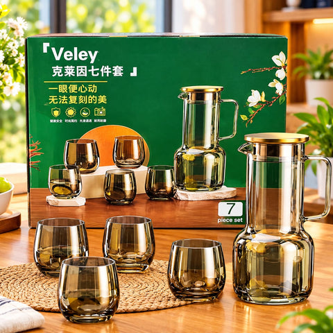 Veley 7-Piece Glass Water Jug and Tumbler Set – Smoke Amber Tinted Glass Pitcher with Lid and 6 Matching Drinking Glasses, Elegant Heat-Resistant Drinkware Combo for Water, Juice, Mocktails, Dining Table, and Gifting