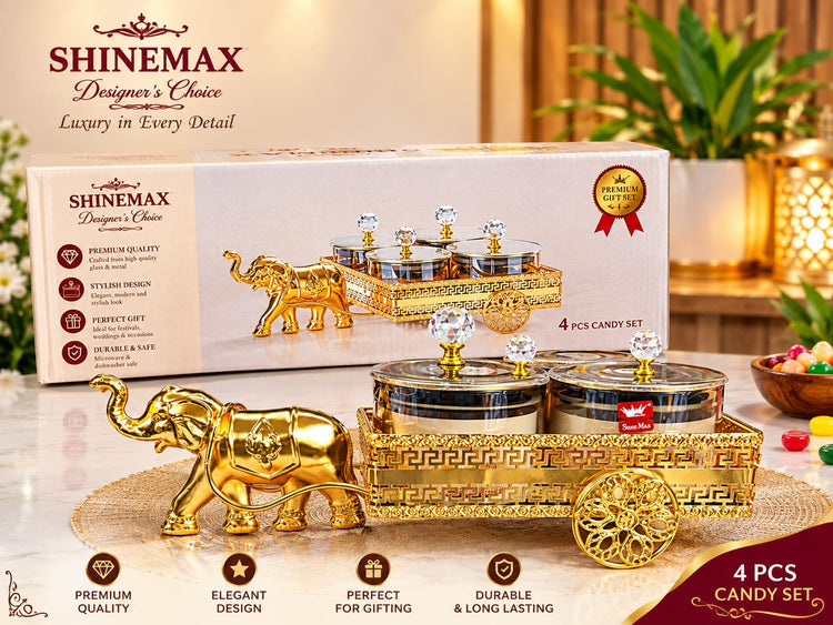Shinemax Designer's Choice 4-Piece Candy and Dry Fruit Set – Luxury Gold Elephant-Themed Serving Cart with Glass Jars and Crystal Lids, Decorative Storage Containers for Mukhwas, Snacks, Dining Table Decor, and Festive Gifting