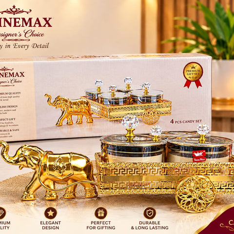 Shinemax Designer's Choice 4-Piece Candy and Dry Fruit Set – Luxury Gold Elephant-Themed Serving Cart with Glass Jars and Crystal Lids, Decorative Storage Containers for Mukhwas, Snacks, Dining Table Decor, and Festive Gifting