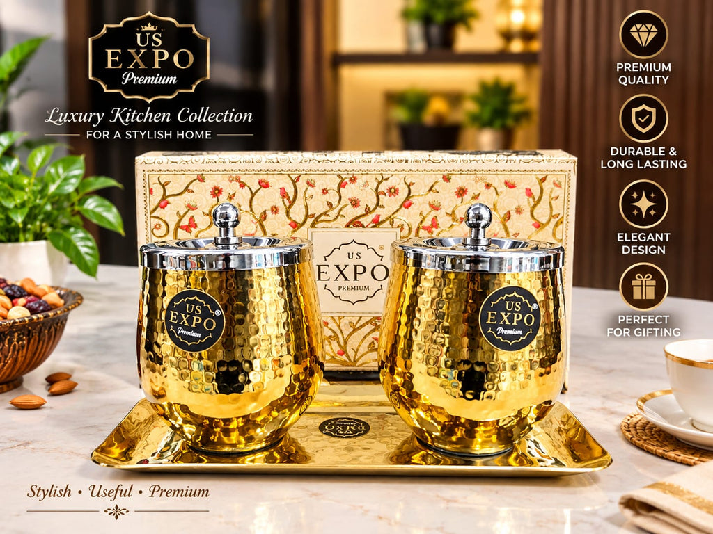 US Expo Premium Luxury Kitchen Collection – Gold Hammered Finish Storage Canister Set of 2 with Lids and Matching Serving Tray, Elegant Stainless Steel Food Storage Containers for Dry Fruits, Mukhwas, Home Decor, and Festive Gifting