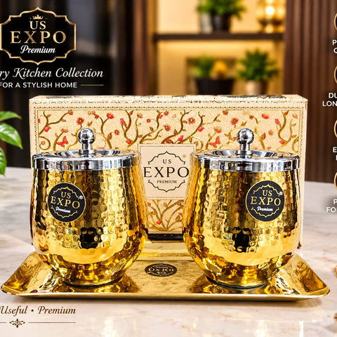 US Expo Premium Luxury Kitchen Collection – Gold Hammered Finish Storage Canister Set of 2 with Lids and Matching Serving Tray, Elegant Stainless Steel Food Storage Containers for Dry Fruits, Mukhwas, Home Decor, and Festive Gifting