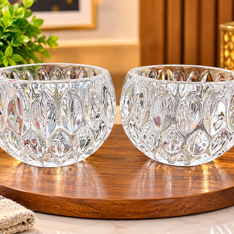 Crystal Cut Glass Serving Bowls Set of 2 – Elegant Transparent Leaf-Pattern Snack Bowls, Heavy-Base Decorative Bowls for Dry Fruits, Candies, Desserts, Salads, Tabletop Decor, and Home Gifting