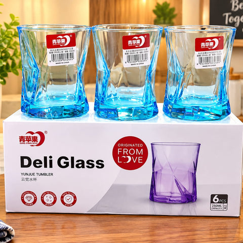 Deli Glass Yunjue Tumbler Set of 6 – 250ml Blue Gradient Crystal Drinking Glasses, Modern Geometric Cut Pattern Heavy Base Juice, Water, and Cocktail Glasses for Dining Table, Parties, and Kitchen Barware