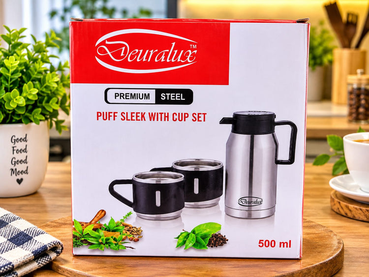 Deuralux Puff Sleek Premium Steel Flask and Cup Set (500 ml) – Insulated Thermos Water Jug with 2 Matching Cups, Leak-Proof Portable Beverage Dispenser for Tea, Coffee, Office, Travel, and Outdoor Use
