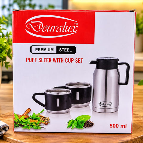 Deuralux Puff Sleek Premium Steel Flask and Cup Set (500 ml) – Insulated Thermos Water Jug with 2 Matching Cups, Leak-Proof Portable Beverage Dispenser for Tea, Coffee, Office, Travel, and Outdoor Use
