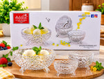 Addox Splash Pudding Set of 7 – Crystal Clear Footed Glass Serveware Combo with 1 Large Serving Bowl and 6 Small Dessert Bowls, Textured Scale Pattern Glassware for Ice Cream, Fruit Salad, Custard, and Dining Table Gifting