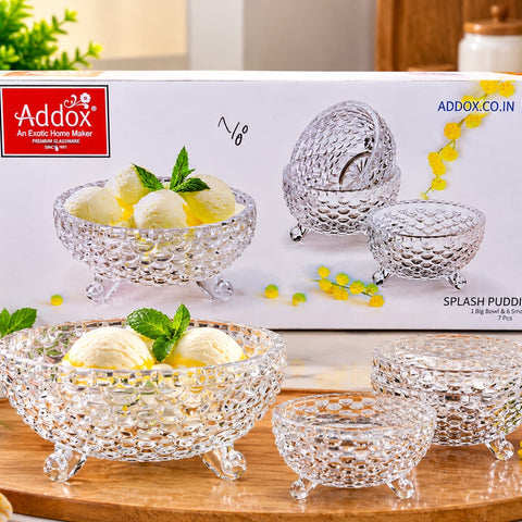 Addox Splash Pudding Set of 7 – Crystal Clear Footed Glass Serveware Combo with 1 Large Serving Bowl and 6 Small Dessert Bowls, Textured Scale Pattern Glassware for Ice Cream, Fruit Salad, Custard, and Dining Table Gifting